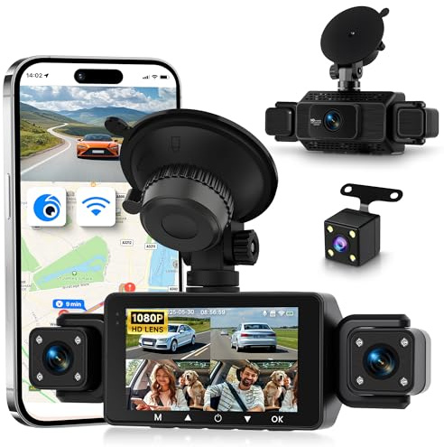 Rimoody 360° 4 Kanal WiFi Dashcam Auto Vorne und Hinten Links Rechts, 3 IPS Display, WiFi Dash Cam mit IR Nachtsicht, WDR, APP Steuerung, G-Sensor, 24/7 Parküberwachung, Loop-Aufnahme, Einparkhilfe
