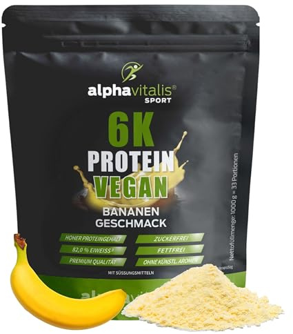 VEGANES PROTEINPULVER Banane 1 Kg pflanzlicher Eiweiß Shake - lecker cremig | 6K Mehrkomponentenprotein mit 82% Eiweiß - zuckerfrei fettfrei - ideal zum Kochen und Backen - Eiweißpulver vegan