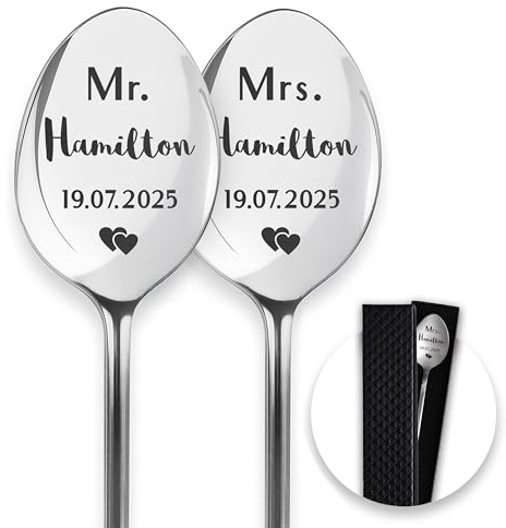 LAUBLUST Personalisierte Dessertlöffel mit Wunschtext | 2er‑Set Kaffeelöffel als Geschenk zur Hochzeit | Mr & Mrs Motiv - Müslilöffel als Verlobungsgeschenk für Sie & Ihn | Geschenke für Brautpaar