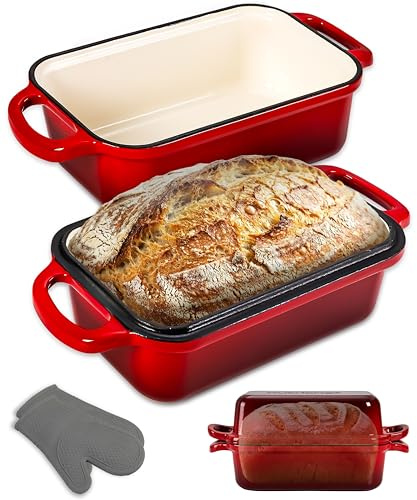 NutriChef Dutch Oven for Bread Making 23 x 13cm Enamelled Cast Iron Bread Pan with Lid, Dual-Purpose Lid Cast Iron Pot with Silicone Oven Gloves, Oven Safe,Red