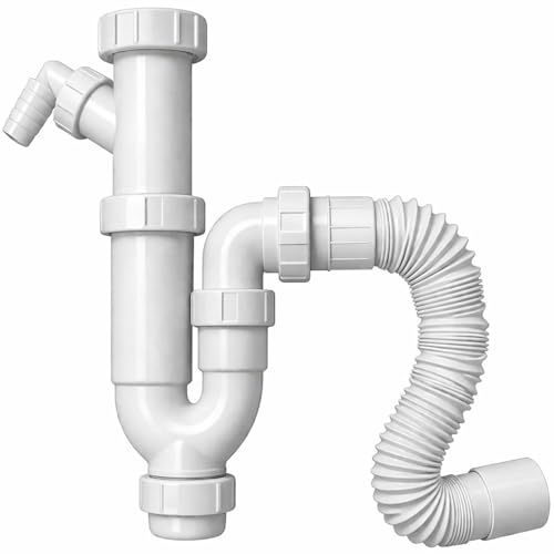 Sifón cocina Flexible para Fregadero de Cocina con Toma Lavavajillas – Tubo Desagüe Ajustable 40/32 mm – Desagüe Universal para Fregadero y Lavabo – FLUVIA