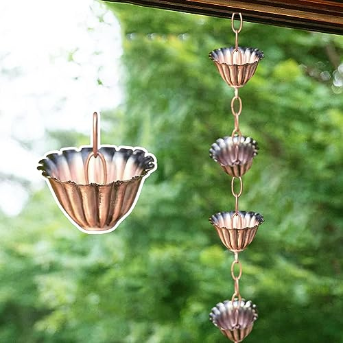 HCZKIUJ Decorative Rain Chains Waterfall, 1m/2m/3m/4m Rain Chain for Gutters Downspouts, Rain Catcher Chain Japanese for Outdoor Decor, Thick Iron Flower Cups Rain Catcher Diverter (Style1 3m/9.2ft)