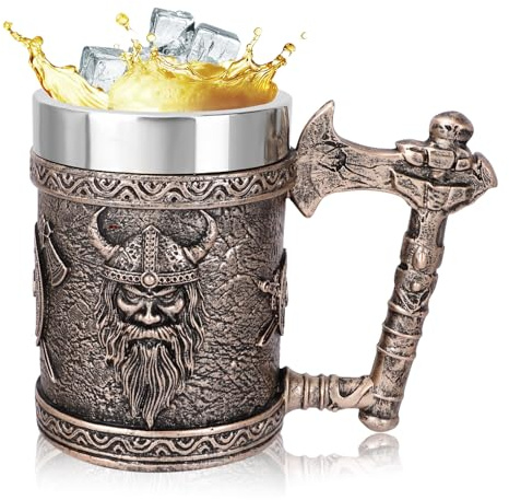 Viking Beer Mug Cup for Men-Drinking Tankard Stein for Gothic Party Decor | AxeHandmade Resin, Wine Coffee Cup with Stainless Steel Liner, Noedic Mythology Poetic Drinkware Gifts, Large Capacity 600ml
