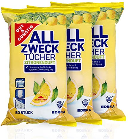 Toallitas húmedas antibacterianas en dispensador de 240 piezas – Pack de 3 (contenido del paquete 3 x 80 unidades) – con fresco aroma a limón