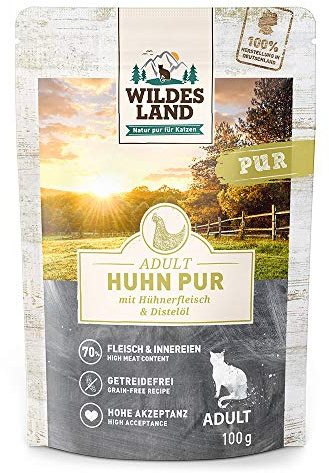 Wildes Land - Nassfutter für Katzen - Nr. 3 Huhn PUR - 12 x 100 g - Getreidefrei - Extra viel Fleisch - Beste Akzeptanz und Verträglichkeit