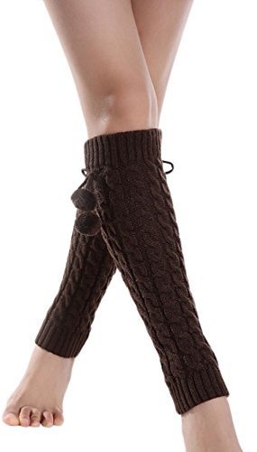 ACVIP Damen Frauen Lang Gestrickt Beinwärmer Stulpen Strickstulpen Bein Stulpen mit Bommeln(Braun)