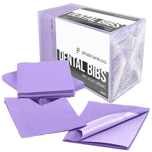 PlastCare USA Disposable Dental Bibs 13x18 - 3 Ply Waterproof Tattoo Bib Sheet for Patients - Dentist or Medical Tray Cover and Nail Table Cover Supplies, Purple