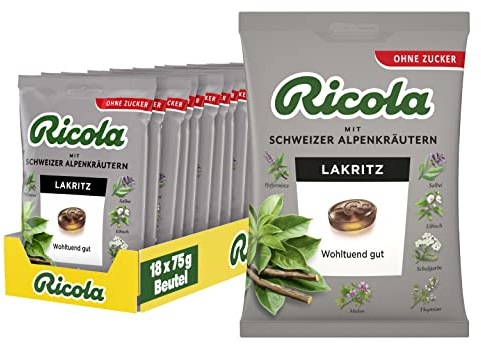 Ricola Lakritz, 18 Beutel original Schweizer Kräuter-Bonbons mit 13 Schweizer Alpenkräutern, zuckerfrei, für wohltuenden Genuss, 18 x 75g