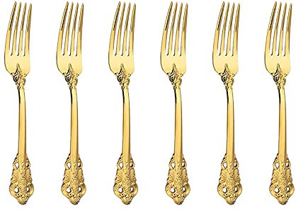 WULUN Golden - Cubertería de 13 piezas, estilo barroco, aspecto antiguo, de acero inoxidable 18/10 pulido espejo, ideal para casa, cocina, restaurante, boda, fiestas, tarde, tenedor de mesa