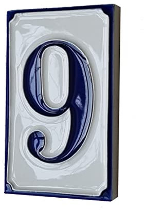 Piastrelle per numeri civici in ceramica italiana, dipinte a mano, semplici, bianche e blu, con lettere e numeri, 11 x 7 cm (numero 9)
