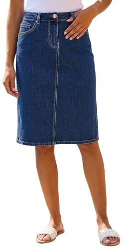 Roman Originals Denim Skirt with Pockets for Women UK - Ladies Jean Skirts Cotton Stretch Mid Wash Fitted A Line Casual Smart Work Office Knee Length Flattering Slimming - Indigo - Size 12