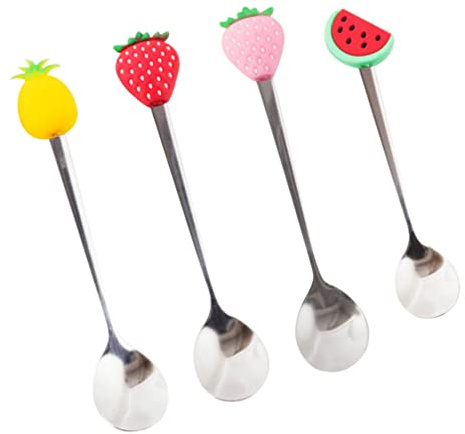 Zerodeko Cuillères à Café Cuillères à Mélanger Créatives Antirouille et Antiadhésives en Acier Inoxydable et Silicone Lot de 4 pour Fruits et Boissons