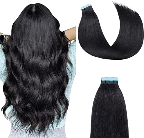 Tape in Extensions Echthaar 35cm 20Stück 40g Invisible Glatt Tiefschwarz