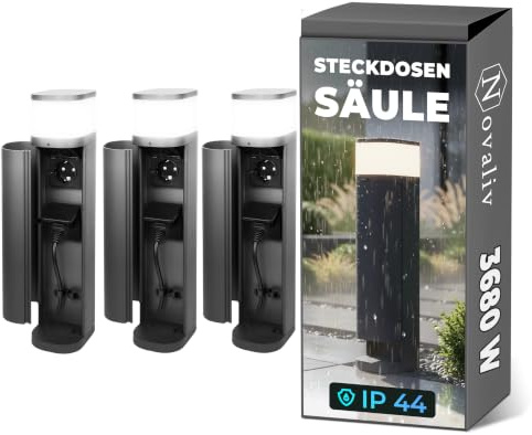 Novatool Lot de 3 bornes lumineuses avec prise 2 voies - Anthracite - Rond - Avec cache - IP44 - Prise extérieure - Prise de jardin - Colonne de prises de jardin extérieure - Tour de prises de jardin