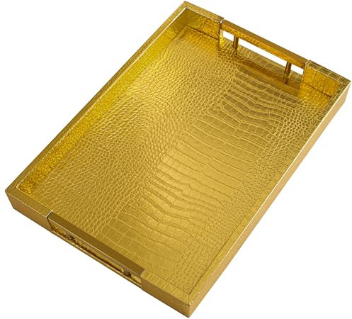 Vassoio da portata in poliuretano, moderno, elegante, rettangolare, con manico in metallo, grande capacità, in pelle, per alimenti, bevande, gioielli, chiavi, cucina, vanità (coccodrillo oro)