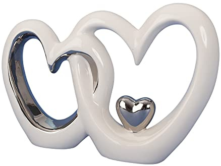 Lifestyle & More Moderne Skulptur Dekofigur in Form von Zwei Herzen aus Keramik weiß/Silber 19x13 cm