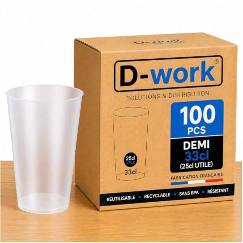 Lot de Gobelets Réutilisables 33 cl (25 cl utile) en Polypropylène Sans BPA, Verres Translucides Résistants, Idéal Soirée, Bar, Événement, Recyclables et Lavables - D-Work
