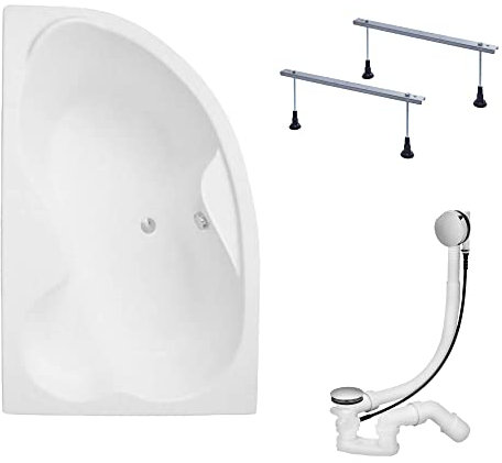 KOLMAN Badewanne MEGA Eckbadewanne 160x105 Links ohne Verkleidung, Ablaufgarnitur und Füßen Komplettset 3in1 Premium Original Acryl Wanne Siphon