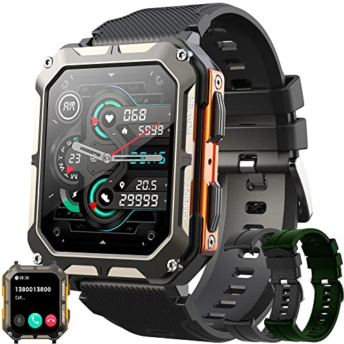 Smartwatch Herren mit Telefonfunktion, 1,81 Touchscreen 5ATM Wasserdicht Sportuhr mit Blutdruckmessung, Herzfrequenz, Schrittzähler, 123 Sportmodi Militärische Fitnessuhr für iOS Android (Orange)
