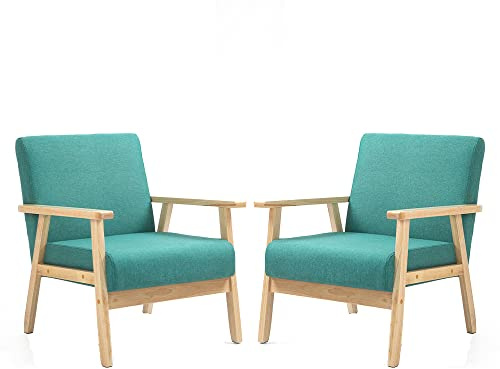Mingone 2er Set Sessel Cocktailsessel mit Armlehnen&Holzrahmen Grün | Gepolsterter Skandinavischer Stil Loungesessel | Modern 1 Sitzer Sofa | Massivholz für Wohnzimmer Schlafzimmer bis 120kg