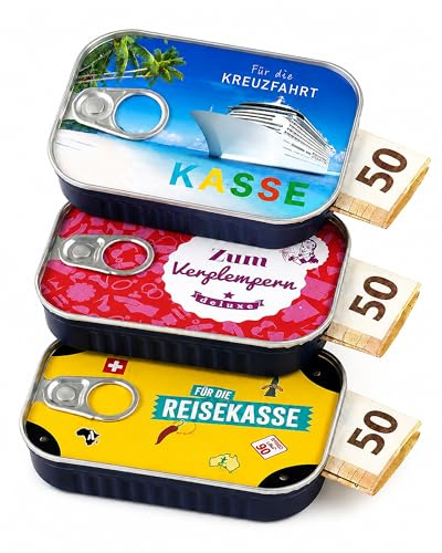 Geldgeschenk Reise Verpackung Geldgeschenk 3 Sardinendosen Kreuzfahrt, Reisekasse und Zum Verplempern, Geschenk für Urlaub, Reise, Weltenbummler, Kreuzfahrt Sardinendose für Geld Geschenke, Spardose