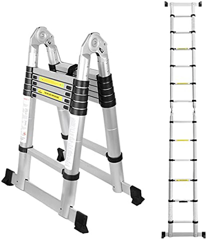 Ansobea Teleskopstege 3,8 m aluminiumstege, utdragbar teleskopstege, glidande teleskopstege för trappa, teleskop, flexibel stegstege, silver, 3,8 (1,9 +1,9 ) M, YXXYSSTL05