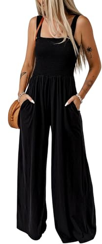 Dokotoo Womens Overalls Black Jumpsuits for Women Casual Loose Fit Solid Color Wide Leg One Piece Sleeveless Jumpsuit Long Pant Rompers with Pockets Medium