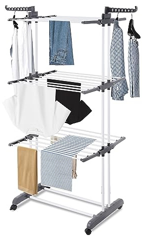 Albert Austin 4 Tier Clothes Drying Rack Foldable Clothes Airer with 4 Rolling Wheels Stainless Steel Air Dryer Ample Drying Space Indoor and Outdoor Free Standing Retractable Laundry Drying Rack