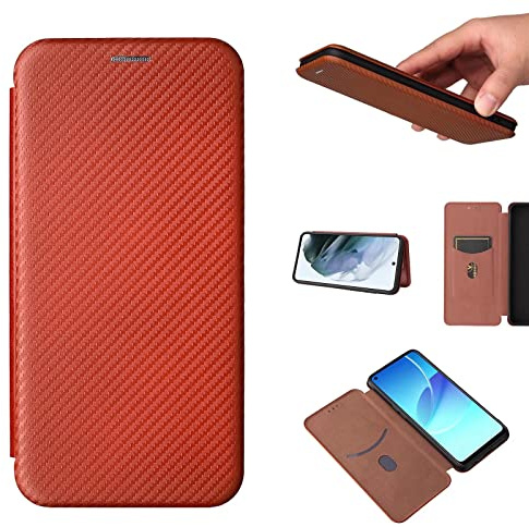 ESONG Funda Motorola Moto G54 5G, Carbono Funda Tapa Protectora con Ranura para Tarjetas y Cierre Magnético,TPU a Prueba de Golpes + Soporte Gratis-marrón