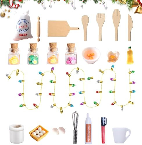 Wichtel Zubehör Weihnachten, 27pcs Miniatur Puppenhaus Zubehör Set, Backset+Waschset+Küchenzubehör+eine Schnur Weihnachtsbaumschmuck für 1/12 Puppenhaus