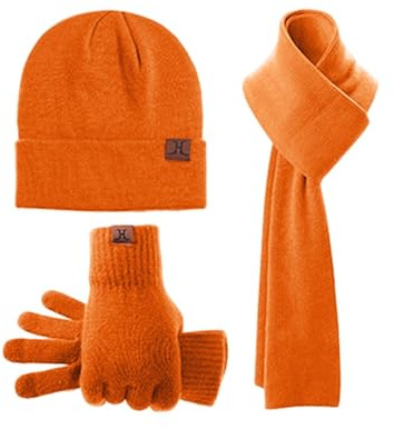 Winter Warm Lang Schal Beanie Mütze Touchscreen Handschuhe Set für Damen Herren Thermo Gestrickte Wintermütze Winterschal Handschuhe Kombiset Winterhandschuhe Strickmütze Winterset (Orange, onesize)