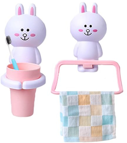 Jauhmui Zahnputzbecher Handtuchhalter Set für Kinder ohne Bohren (Kaninchen)
