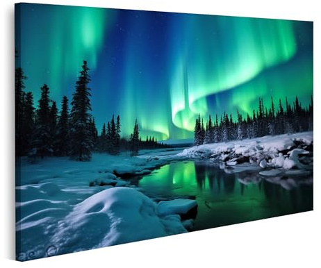 islandburner Tableau sur toile Aurore boréale sur une forêt enneigée et un fleuve - Aurora Borealis - Paysage d'hiver nocturne - Images murales - Affiches