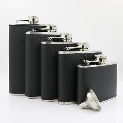 CNFLASK Flasque à whisky en acier inoxydable 304 enveloppée de cuir synthétique noir, 177 ml