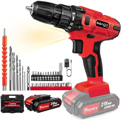 Akkuschrauber 21V, Akku Bohrschrauber Set,Akkubohrer mit Hochwertige Lithium-Batterien und 45Nm Drehmoment Max,25+1 Drehmomenteinstellung,29 Stück Zubehör,2-Gang, für Hausreparatur,Heimwerker