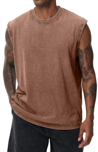 Maglietta da uomo a maniche corte estiva senza maniche, canottiera da fitness senza maniche per uomo, t-shirt senza maniche lavata, allenamento, palestra, cotone, caffè, S