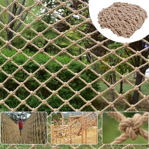 Safety Hemp Rope Net Kids Climbing Safety Netting Children Balcony Stairs Fence Railing Garden Playground Protection Heavy Duty Tree House Indoor&Outdoor Decor Rope Net 8mm/8cm 6.6x13.1ft(2x4m)