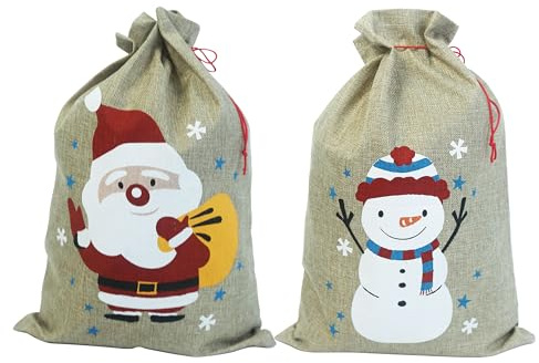 2er-Pack Weihnachtssäcke. 35 x 50 cm große, mittelgroße Weihnachtsbeutel aus Jute. Zwei Designs: Weihnachtsmann und Schneemann.