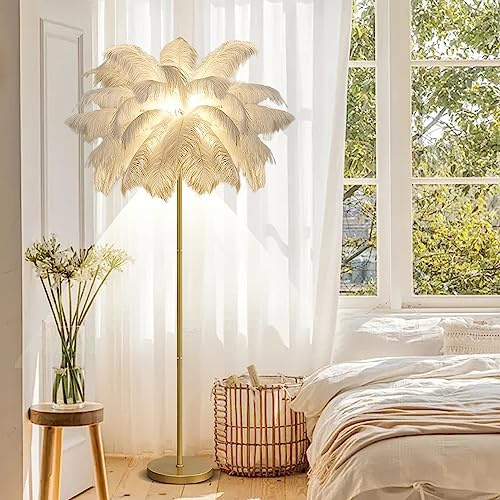 KOSHSH Federlampe Stehlampe Wohnzimmer Gold, 160CM LED Mit 3-Farbig Dimmbarem Moderne Federn Für Schlafzimmer (Weiß)