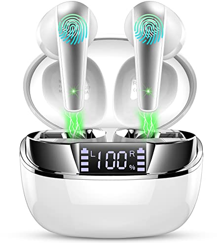 Kabellose Bluetooth In-Ear Kopfhörer mit Bluetooth 5.3, HiFi Stereo Kopfhörer, ENC Geräuschunterdrückung, USB-C Ohrhörer, LED-Anzeige, 47 Stunden Akkulaufzeit, IP7 Wasserdicht, Weiß Silber