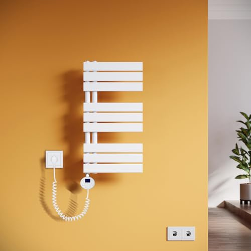 SUNXURY Scaldasalviette elettrico da bagno, 762 x 400 mm, con termostato, scaldasalviette dritto, con barra riscaldante, bianco, 400 W