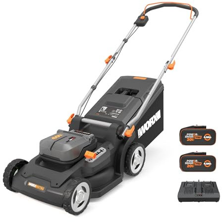 Worx WG745E 40V 41cm Cordless Brushless Lawnmower – Ideal for Medium to Large Gardens Up to 600㎡ – Includes 2x 4.0Ah Batteries & Charger, Cut-to-Edge, Striped Lawn Roller, Foldable Handle