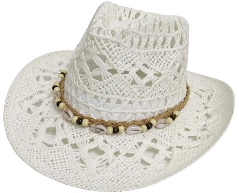 Damen Western Cowgirl Hut Stroh Cowboy Sonnenhüte mit Perlen Herzen Besatz Formbarer Cowboyhut, weiß, Einheitsgröße