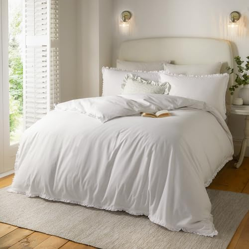 furn. Wylder Nature Tilly Bettbezug-Set – 100% gewalkte Baumwolle, minimalistische Rüschenbettwäsche mit elegantem Besatz (Weiß – Einzelbett)