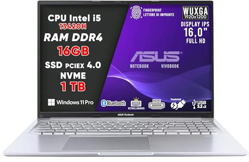 ASUS VivoBook Pc Portatile, Notebook i5 13420H, RAM DDR4 16Gb, SSD 1Tb PCI-e 4.0, DISPLAY IPS WUXGA 16,0 FHD, Computer Portatile, Laptop con Tastiera Retroilluminata, Fingerprint, Win 11 Pro, 16