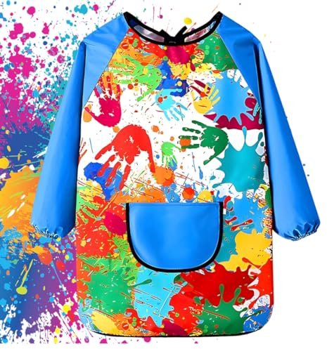 WUSJCOF Grembiule da Pittura per Bambini 7-11 Anni Ragazze Ragazzi Impermeabile con Maniche e Tasche per Scuola, Pittura, Arte, Cucina (Blu)