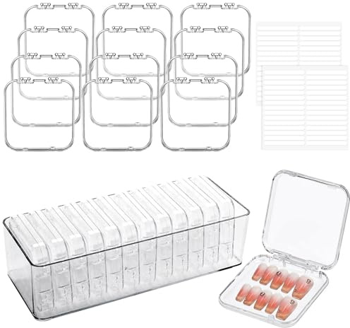 wordmouk 12 stycken förvaringslåda för naglar (8,5 × 8,5 cm) 60 stycken dubbelsidiga nagelband 1 förpackningslåda genomskinliga falska naglar lådor nagelstativ hållare för nagelkonst butik