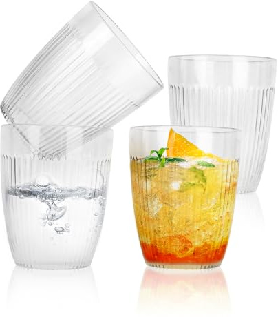 4 Pezzi Bicchieri Acqua Vetro 300ml, Set Bicchieri Acqua in Plastica Infrangibile, Trasparente Bicchieri Plastica Rigida Lavabili per Birra, Succo di Frutta, Tè, Whisky, Latte, Acqua