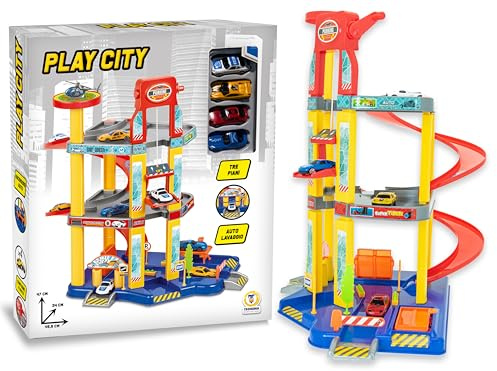 Teorema Giocattoli, Garaje Coches para Niños, Gran Aparcamiento Coches de 3 Pisos con Ascensor, Rampa Espiral, Lavado de Autos y 4 Vehículos Incluidos, Niños 3+ Años