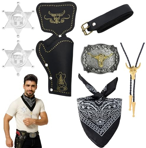 AYNKH Set mit 7 Zubehörteilen, Cowboy-Kostüm, für Erwachsene, Bandana, Paisley, Holster, Gürtel, Leder, Bolo Buckle, Krawatte, Sheriff-Button, für Cowboy-Outfit, Herren, Wild West & Halloween, Cosplay